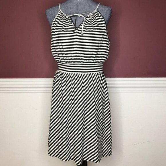 Elle b&w striped black and white midi dress size M cute tie bow keyhole - Picture 4 of 5